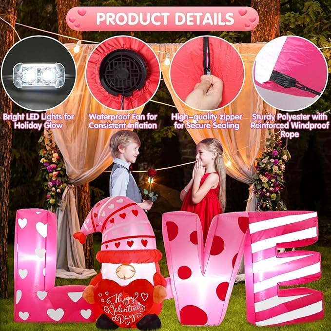 Valentine Inflatable Yard Decoration 6ft Love Gnome Romantic Outdoor Blow Up Décor with LED Lights for Indoor Outside Use Perfect for Valentine’s Day Wedding Holiday and Party