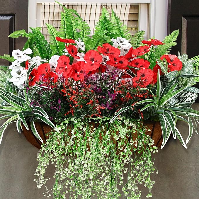 24 Pcs Outdoor Artificial Plants UV Resistant Faux Plant Fake Greenery Stems Faux Shrubs Flower for Outside Hanging Front Porch Patio Garden Window Box Home Wedding Summer Spring Decor(Green Red)