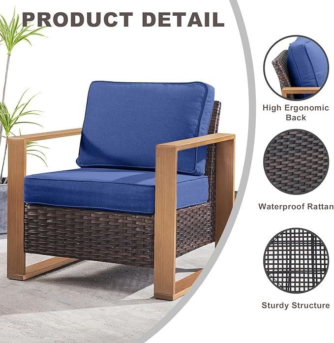 Rilyson Outdoor Wicker Patio Furniture Set - 5 Piece Patio Conversation Set with 2 Wicker Armrest Chairs,2 Rattan Ottoman, 1 Side Table, Sturdy Frame, Thick Cushions, Deep Seating(Brown/Blue)