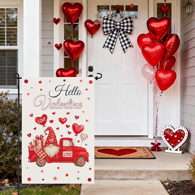 pretty_jessie Valentines Day Garden Flag 12x18 Inch Double Sided, Hello Valentine Gnome Red Love Hearts Burlap Yard Flag Anniversary Patio, Porch, Backyard Outdoor Decorations