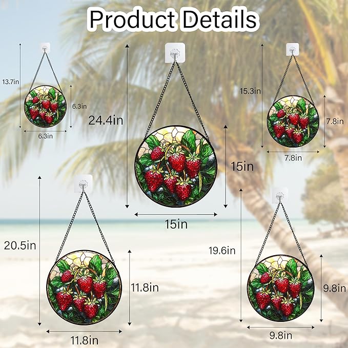 AMDERVEN Stained Glass Suncatcher, Red Strawberry Green Leaf Sun Catcher Silver Background Stain Glass Window Hanging Decoration Mother's Day Birthday Gifts for Women Men Mom Nana 15 in