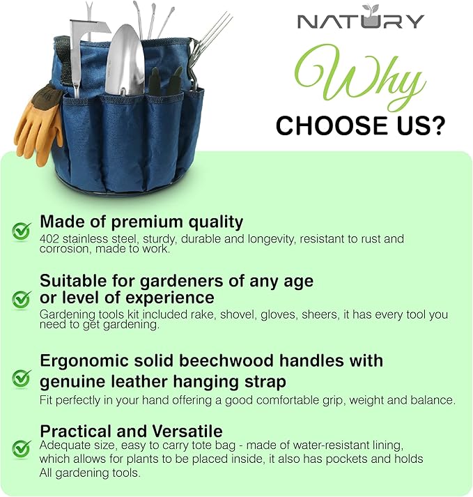 Natury Garden Tools Set – Premium Stainless Steel Gardening Hand Tools with Solid Beechwood Handle – Gardening Kit with Rake, Shovel, Gloves, Shears, Tool Organizer – Garden Gifts for Women and Men
