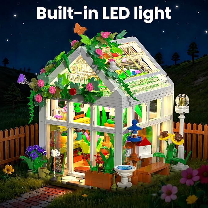 Flowers House Building Set with LED Light, Creative Garden House Buiding Toy for Home Decoration, Greenhouse Model Playset, for Adults Teens Girls Friends Ages 8+, Xmas Birthday Gift (779 Pieces)