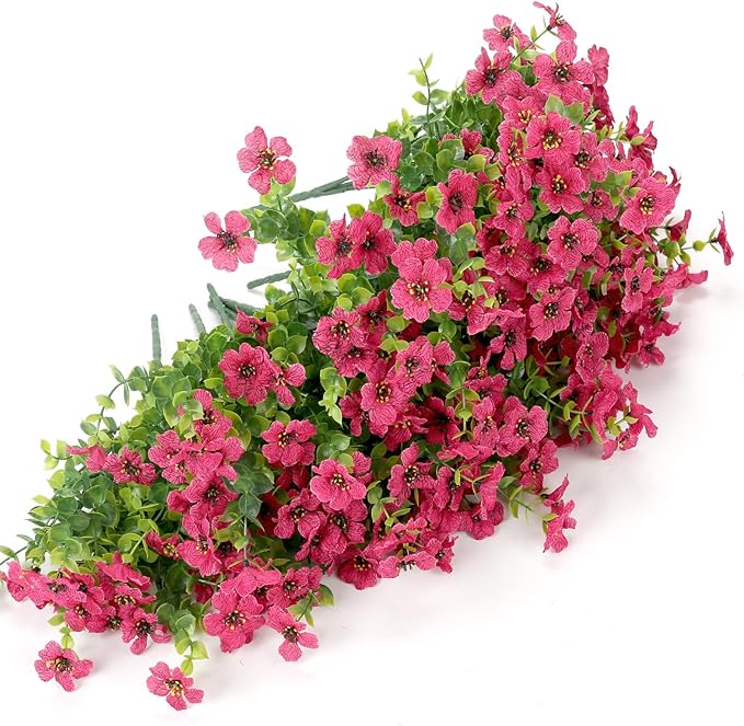 Artificial Flowers for Outdoors UV Resistant, 12 Bundles Fake Silk Flowers Outside Fade Resistant Faux Plants for Outdoor Planters, Window Box, Front Porch-Fuchsia