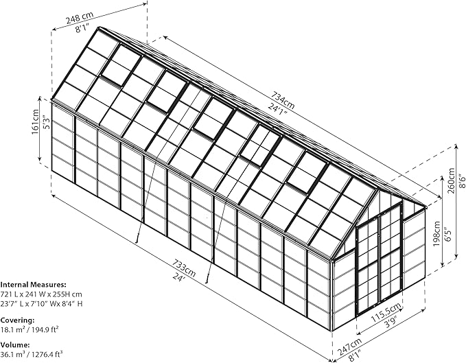 Palram - Canopia Snap & Grow 8 Ft. x 24 Ft. Greenhouse Kit Hobby DIY Walk In Green House Heavy Duty Polycarbonate, Aluminium Frame, with Lockable Door and Vent for Outdoors, Garden, Backyard In Silver