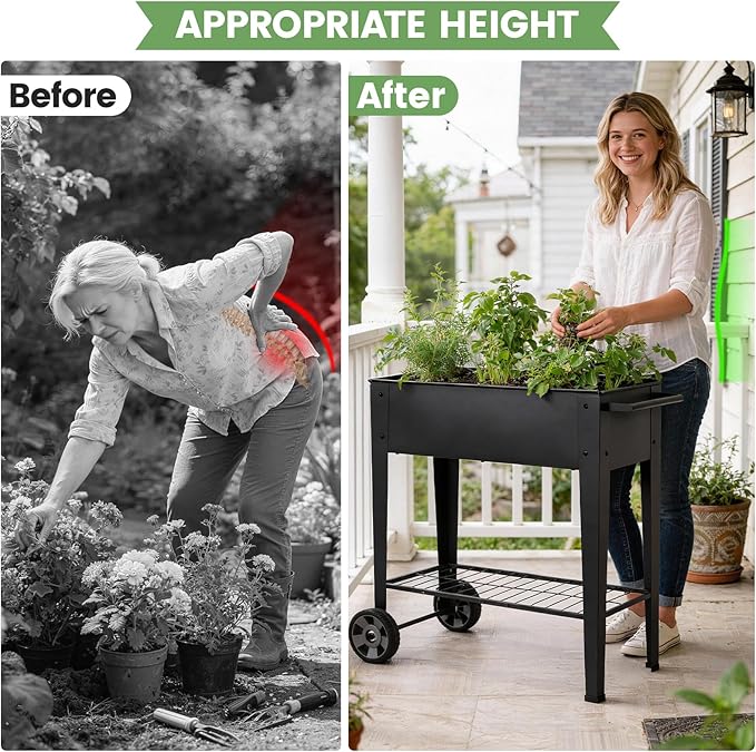 Elevated Raised Garden Bed with Legs- Galvanized Raised Beds for Gardening on Wheels, Anti-Rust Steel Planter Box with Storage Rack& Drain Hole for Backyard Patio Balcony (Black)