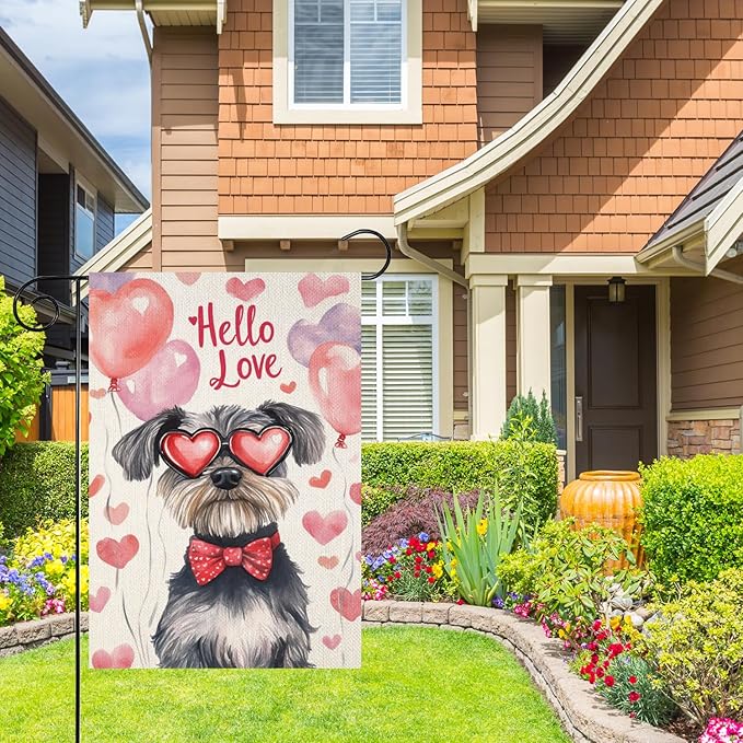 Valentine's Day Schnauzer Hello Love Garden Flag, House Yard Plaid Love Heart Outside Decoration, Spring Holiday Wedding Anniversary Outdoor Small Decor 12x18(12619)
