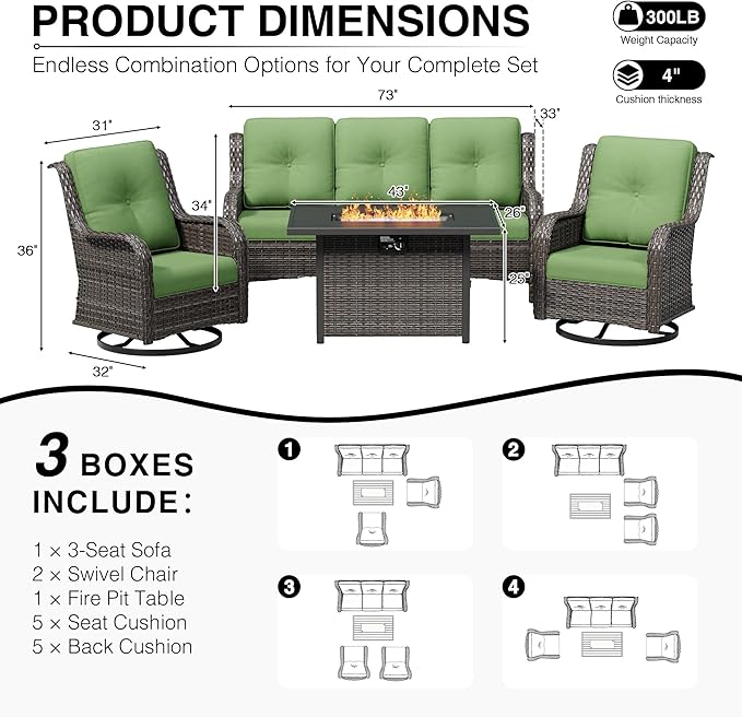 Joyside 4 Piece Wicker Patio Furniture Set with Fire Pit Table, Outdoor Swivel Rocker Patio Chairs with High Back, Deep Seating, Wide Armrest, Thickened Cushions, Outdoor Furniture for Deck, Porch Use