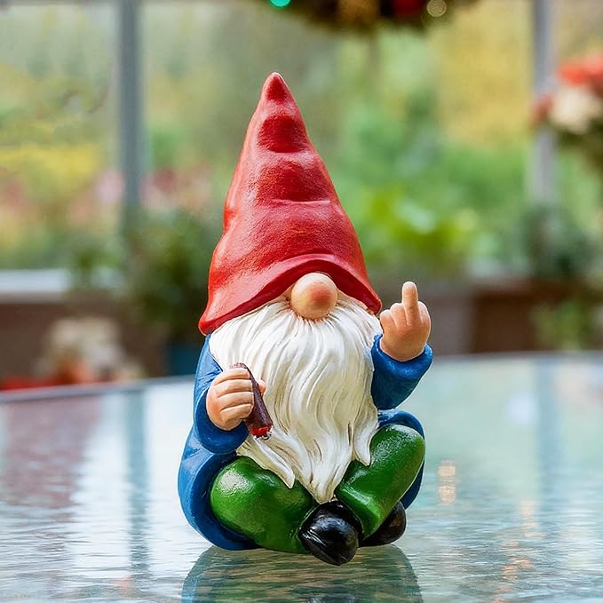 Middle Finger Gnome Statue 6.3in, Naughty Garden Gnomes Yard Lawn Decoration Funny Smoking Gnome Statue Indoor Outdoor Home Decor - Birthday Christmas Gag Gift