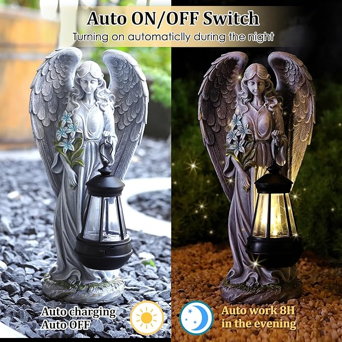 VChymm Solar Angel Outdoor Garden Decor Statues – 13.2 inches Solar Outdoor Sculptures for Outside Yard Art Patio Balcony Front Lawn Ornaments Gifts for Mom Grandma Women