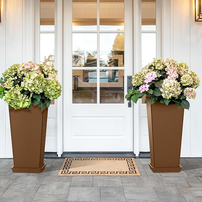 TUYOHW Set of 4 24" Tall Plastic Planters with Trays, Large Tapered Plant Pots for Indoor Outdoor Use, Modern Decorative Planters for Porch, Patio, Garden, and Backyard