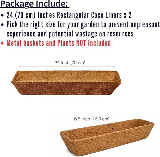 LaLaGreen 24" (2 Pack, Rectangular) Coco Liners for Planter – Large Coir Husk Replacement for Window Box, Wall Mount Pot, Trough Basket, Garden Outdoor Use – Multi Sizes 16/30 Inch & Different Shapes