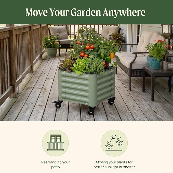 Vego garden Classic Rolling Garden Bed – 1.75' Mobile Metal Raised Garden Bed for Patio, Deck, Balcony – Deep Planting Space, Durable & Easy to Move (Pearl White, 1.75'X8')