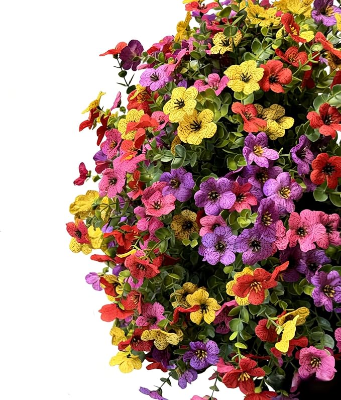 XccJLYB Artificial Flowers Outdoor UV Resistant Fake Plants, 12 Bundles Silk Daisy in Pots for Porch Patio Garden, Faux Potted Home Decor for Outside (Mix Pink, Red, Purple, Yellow)