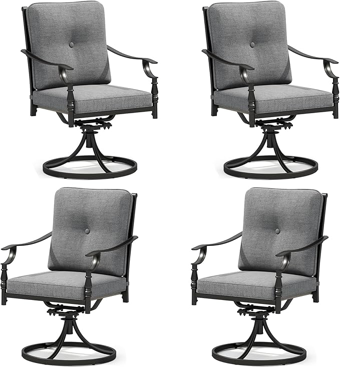 PHI VILLA Outdoor Steel Swivel Dining Chairs Set of 4, Heavy-Duty Rustproof Black Wrought Iron Armchairs with Thick Cushions, Large Seating Furniture for Patio, Deck, Backyard, Porch