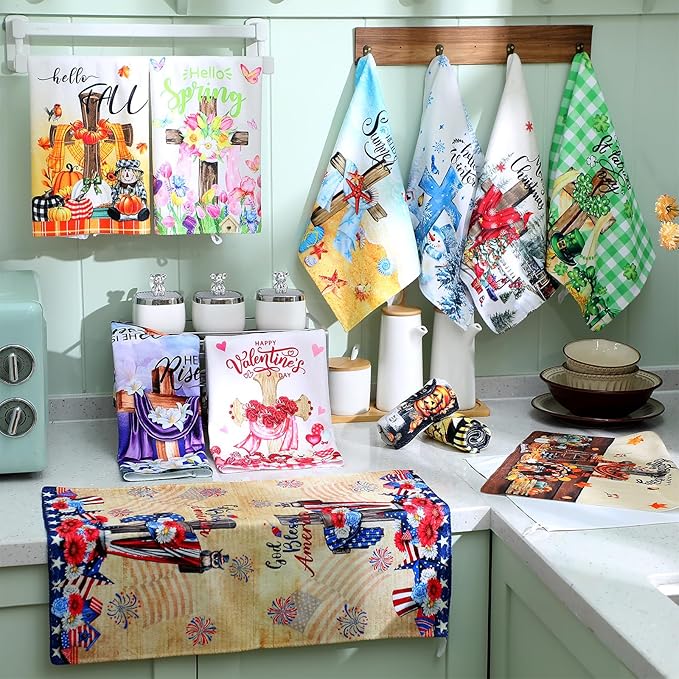 FuWeave 12 Pcs Seasonal Kitchen Towels Set for All Holidays Hand Dish Tea Towels Gift Bulk Valentine's Day Absorbent Dishcloths Housewarming Gift for Cooking Kitchen Bathroom(Cross Style,Vivid Color)