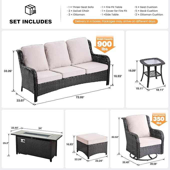 ovios 7 Pieces Patio Furniture Set, Outdoor Wicker Sofa Couch with Swivel Chairs 54" Fire Pit Table, High Back Modern All Weather Conversation Sets, Brown Rattan, Beige
