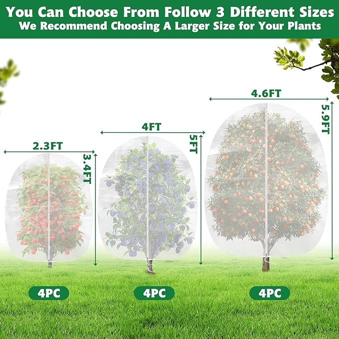 OZMI 4 Pack Fruit Tree Blueberry Bush Netting Cover, 4Ft x 5Ft Reusable Bird Netting for Garden Protection with Zipper & Drawstring, Shrubs Tomato Strawberry Plant Bushes Protector