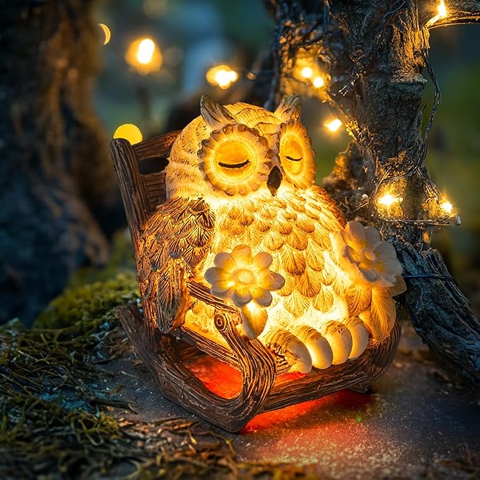 Light Up Owl on Chair Garden Sculpture, LED Solar Powered Owl Lying on The Chair, Cute Figurine Crafted Statue for Home Fireplace Outdoor Centerpiece Collection Decoration, 3x3x4 in