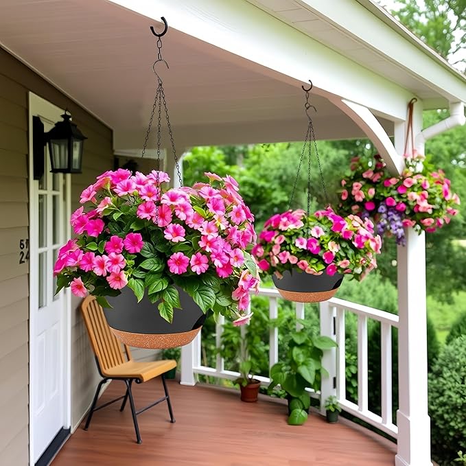 zople 2 Pack 12 Inch Large Hanging Planters with Chains Self Watering Black Brown Plastic Hanging Pots for Indoor Outdoor Plants, Garden Porch Home Decor，Black Brown
