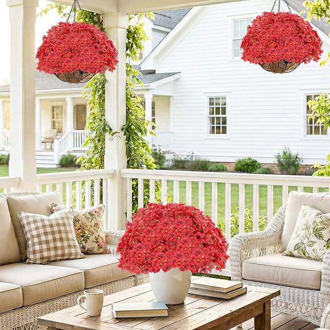 22 Pack Artificial Flowers Outdoor, Faux Flowers UV Resistant with Plastic Plants, Faux Silk Flowers for Outdoors Outside Front Porch Hanging Planter Window Box Garden Decoration(Red)