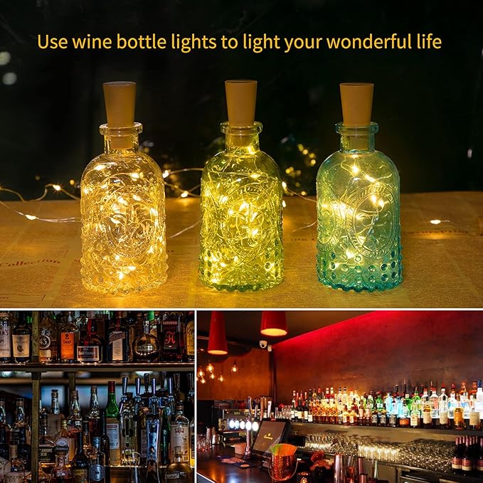 Brightown Wine Bottle Lights with Cork, 20 Pack 20 LED Waterproof Battery Operated Cork Lights, Silver Wire Mini Fairy Lights for Liquor Bottles DIY Party Bar Christmas Holiday Wedding Décor
