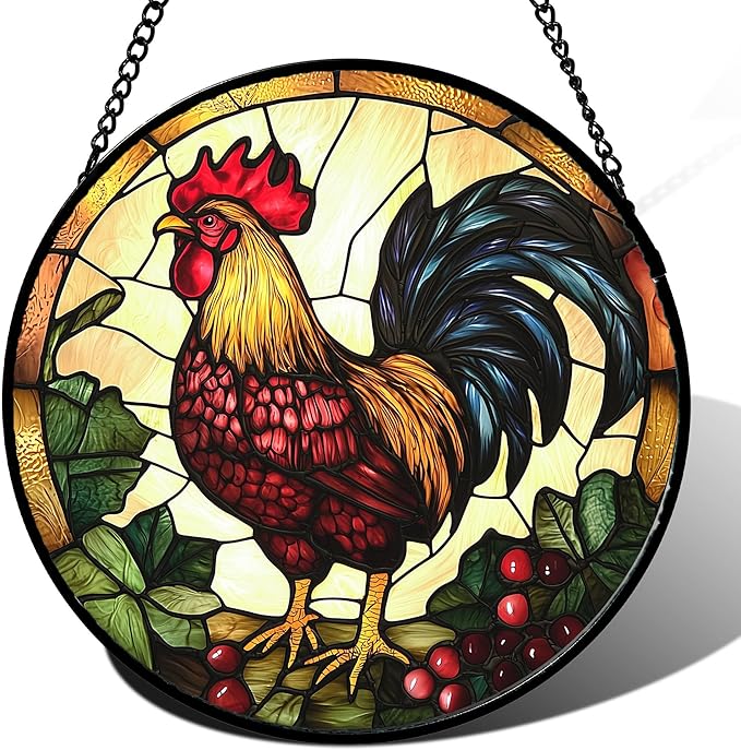 AMDERVEN Stained Glass Window Hanging, Colorful Big Cock Sun Catcher for Window Door Home Decor, Chicken Suncatcher Christmas Mother's Day Birthday Gifts for Women Men Mom and Nana 6.3 in