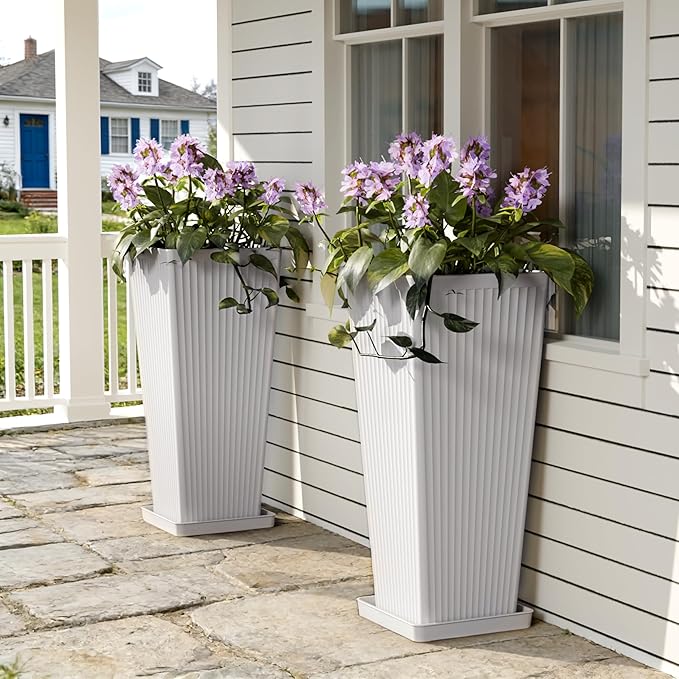 Trygoal Square Tall Planters for Outdoor Plants Set of 2-23.6" Modern Tapered Indoor Flower Pots with Drainage Holes/Partition/Tray, Large Outdoor Planters for Porch Patio Garden Front Porch, White