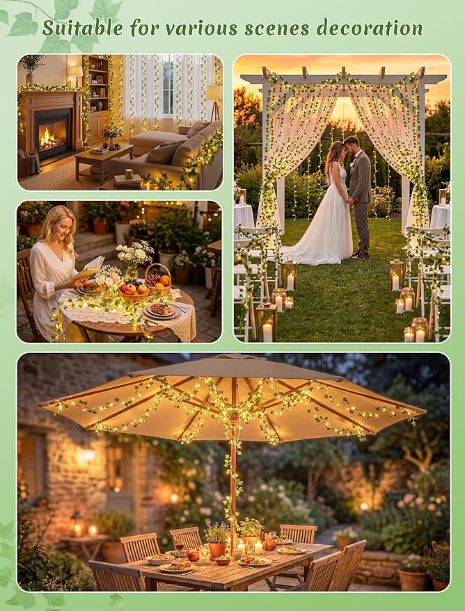 Vines with Fairy Lights,23ft Ivy Leaf Lights Plug in,73 LED Lighted Fake Garland with Remote Indoor Outdoor for Dorm,Bedroom,Wall,Celling,Curtain,Photo,Birthday,Wedding Decor(Warm White)