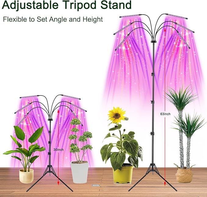 Grow Lights for Indoor Plants, LED Grow Light Stand, Red Blue Yellow Full Spectrum Plant Lamp with Adjustable Tripod, Color Changing Dimmable Vegetative Lamp with Auto On Off Timer (Type A)