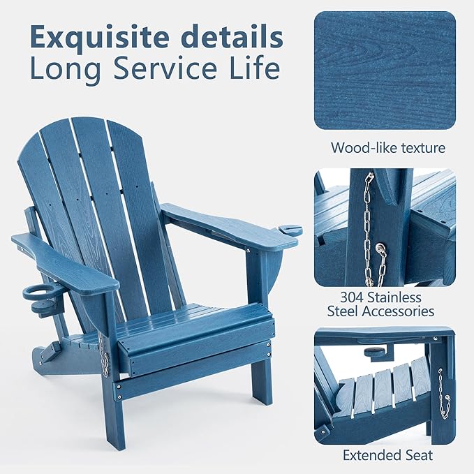 Folding Adirondack Chair Set with Side Table - HDPE Outdoor Patio Chairs, Weatherproof Chair with Reclining Back, Cup & Phone Holder, and 2-Tier Storage End Table for Firepit or Garden (Blue)