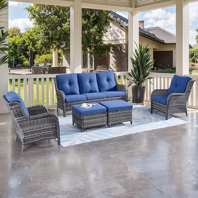 HUMMUH Outdoor Furniture 5 Pieces Patio Furniture Set Wicker Outdoor Sectional Sofa with 2 Patio Chairs,Ottomans
