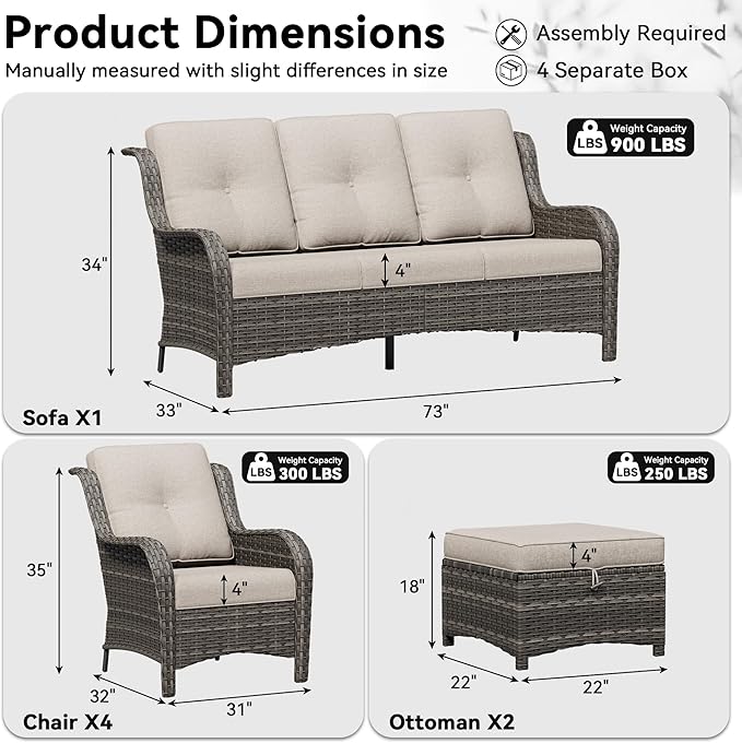 7 Piece Outdoor Wicker Patio Furniture Set, Patio Chairs Set with Thickened Olefin Cushions, High Back and Deep Seating, Hand-Woven PE Rattan, Ottoman for Porch, Deck