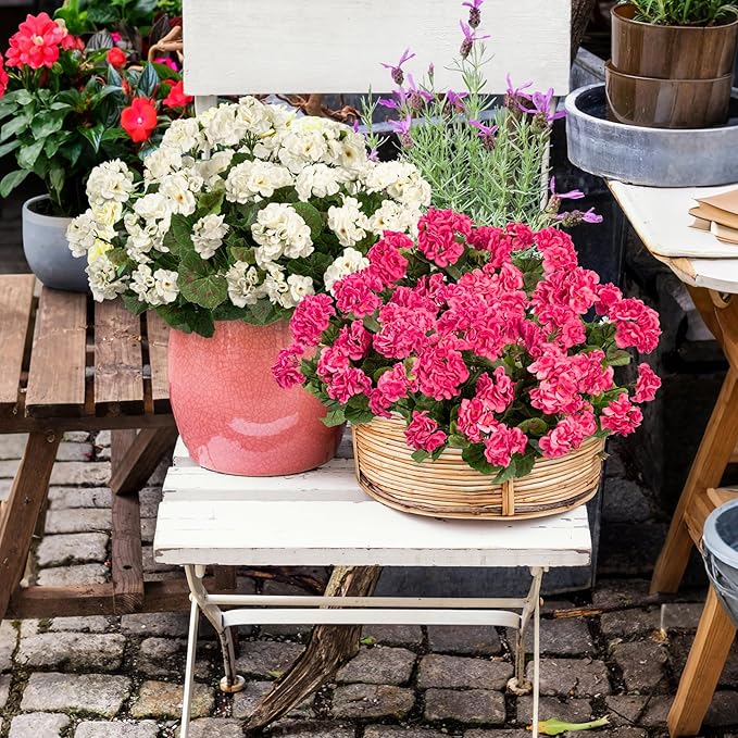 Uqueeten Artificial Flowers for Outdoors Artificial Geranium, 8PCSFake Flower Geranium Artificial Plant Home Decor,Silk Geraniums Artificial Flowers Realistic Outdoor Decoration 14.4"(Rose Red)