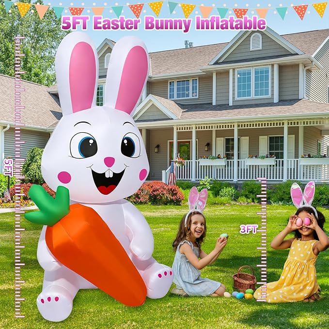 5 Ft Easter Inflatables Easter Decorations, Blow up Easter Bunny with LED Lights Baskets Light up Easter Decor, Easter Decorations for Home Holiday Party Indoor Outdoor Garden Lawn