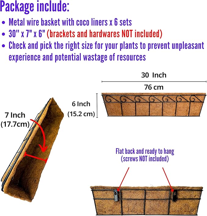 LaLaGreen Wall Mounted Planters - 30 Inch, 6 Pack Black Window Flower Boxes Basket Outdoor, Balcony Planter Over The Rail, Deck Railing Hanging with Coco Liners, Metal Horse Troughs Fence Patio Porch