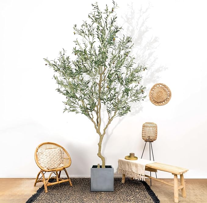Nafresh Tall Faux Olive Tree，9ft（108in） Realistic Potted Silk Artificial Olive Tree， Fake Olive Trees Indoor with Green Leaves and Big Fruits for Home Office Living Room Stairs Patio Decor.