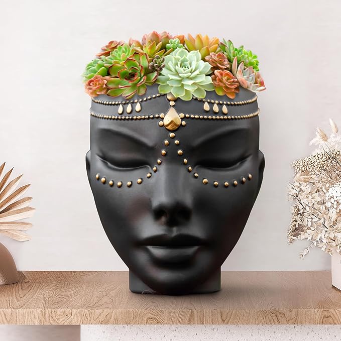 Head Planter - Indoor & Outdoor Home Decor Gifts for Plant Lovers - for Flat Surface or Wall Mount - Unique Face Planter for Flowers, Succulents, & More (7 inch, Serena Design, Black)