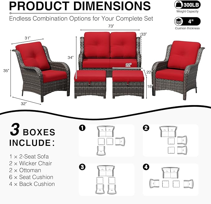 Joyside 5 Piece Wicker Patio Furniture Set, Rattan Patio Chairs with High Back, Deep Seating, Wide Armrest, Thickened Cushions, Outdoor Furniture for Deck, Porch Use
