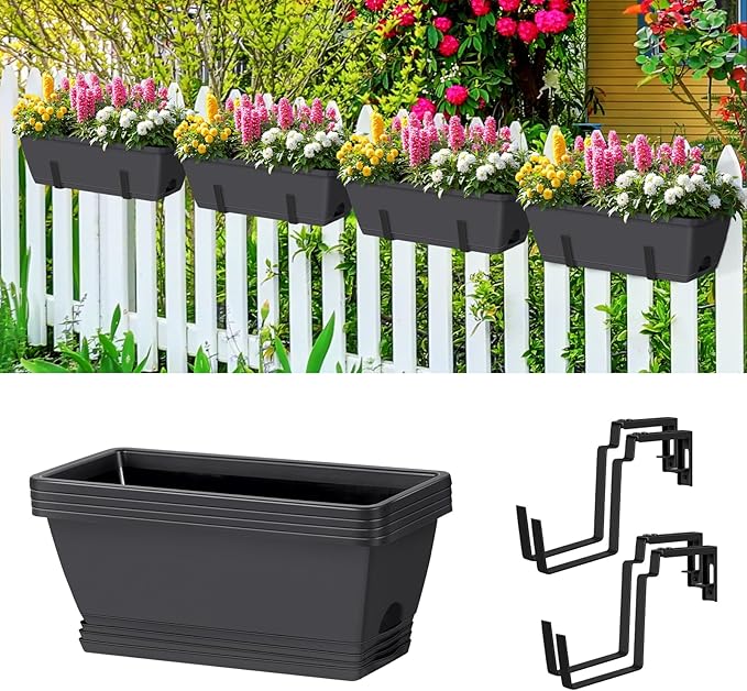 smusei 4 Pack 17 Inch Window Boxes Planters Deck Railing Planter Boxes Adjustable Balcony Planters Railing Hanging, Rectangular Fence Rail Hanging Planter for Outdoor Plants Flower Pots Herb