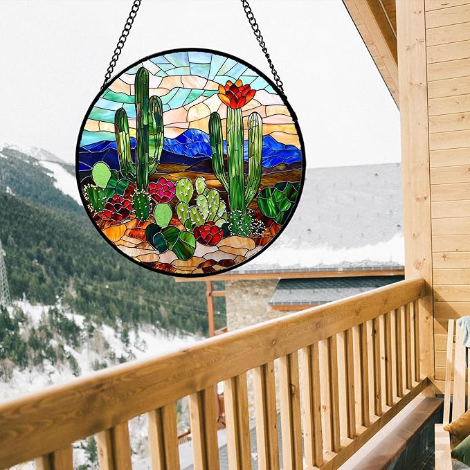 DASTOLL Stained Glass Window Hanging, Green Cactus Suncatcher for Doors Window Home Plant Landscape Sun Catchers Decoration Mother's Day Birthday Gifts for Women, Men, and Mom 15 in