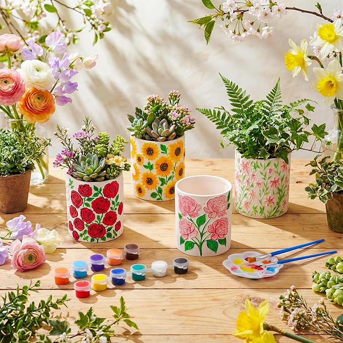 Zubebe 12 Pcs Paint Your Own Flower Ceramic Pots Bulk Unfinished Succulent Pots Painting Kit with Drainage Hole Lily Sunflower Peony Rose Mini Paintable Vase for Spring Valentine Mother DIY Craft