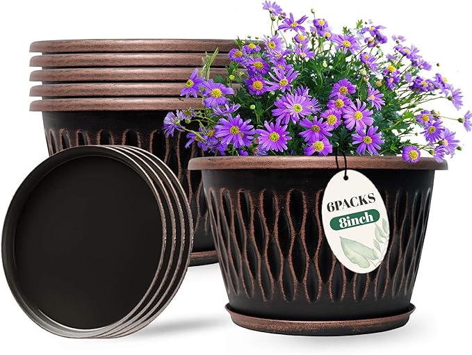 Usocik 6 Pack 8 Inch Retro Plant Pots, Vintage Striped Flower Pots with Drainage Hole & Saucer, Large Plastic Planters for Indoor and Outdoor Plants, Decorative Garden Pots(Copper)