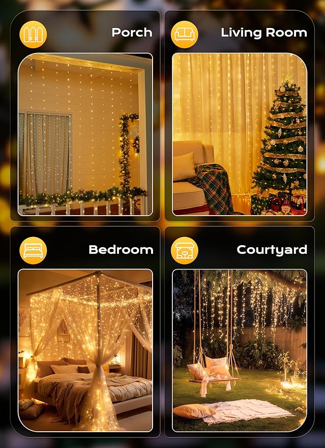 Brightown 300 LED Fairy Curtain Lights, 9.8ft x 9.8ft String Lights, USB Plug in 8 Lighting Modes Christmas String Hanging Lights with Remote for Bedroom Indoor Outdoor Party Xmas Warm White 2 Pack