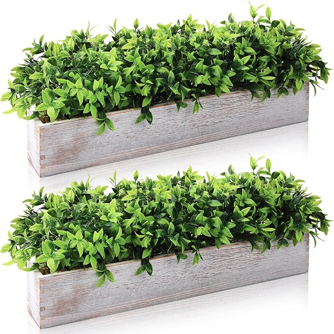 Lyrow 2 Pack Artificial Eucalyptus Plant in Rectangular Rustic Wooden Planter Box Faux Potted Herb Plant Table Centerpiece for Kitchen Windowsill Shelf Decor (White,24 '')
