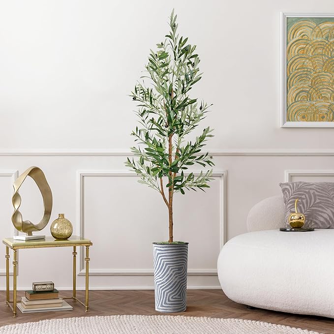 Artificial Tree in Contemporary Geometric Pattern Planter, Fake Olive Silk Tree for Indoor and Outdoor Home Decoration - 68" Overall Tall (Plant Pot Plus Tree)