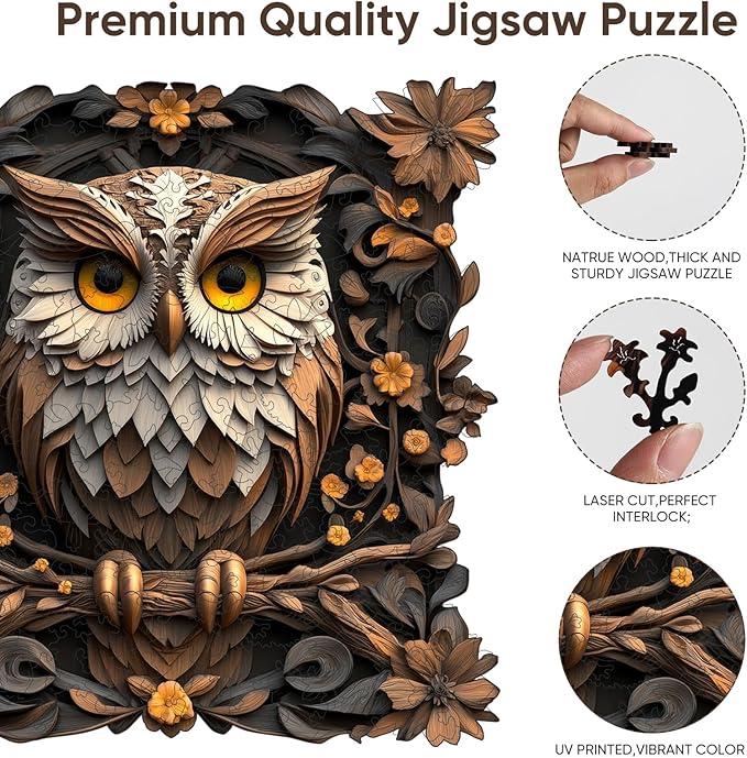 Qiuenisray Wooden Puzzles for Adults, Metal Owl Jigsaw Puzzles 200 Pieces, FSC Certified Unique Animal Adult Wood Puzzles Pieces, Creative Gift for Family Game 11.2x11.1 in
