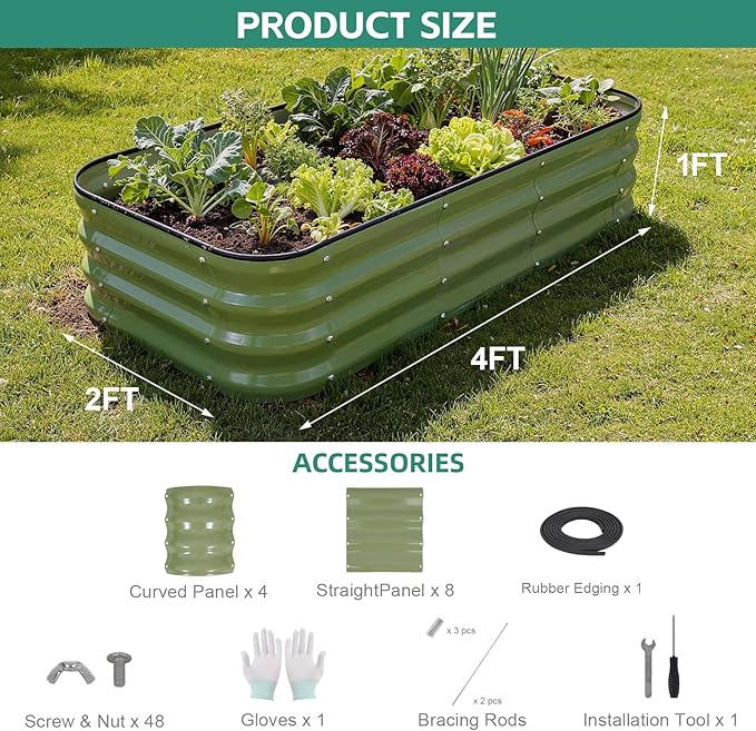 3 in 1 Galvanized Raised Garden Bed - 4x2x1ft Modular Garden Planter Bed Outdoor | Steel Raised Bed Kit with Bracing Rods, Gloves for Gardening Vegetables Fruits and Flowers (Green)