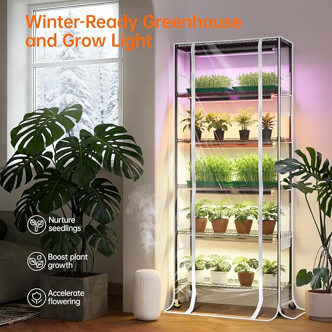 Bstrip Indoor Greenhouse with Grow Light, DIY Plant Shelf with Cover, 6 Tier Plant Stand, 5 Pack 150W Full Spectrum Grow Lights with 3 Color Mode For Indoor Plants, Seed Starting, 29.5"L×13.8"W×71"H