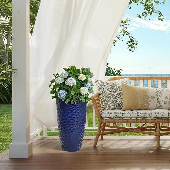 Ultym 23.75" H Large Tall Outdoor Planters, Set of 2 Plastic Large Flower Pots for Outdoor Plants, Gradient Cobalt Blue Honeycomb Textured, Weather-Resistant for Porch, Garden, Patio or Indoor Use